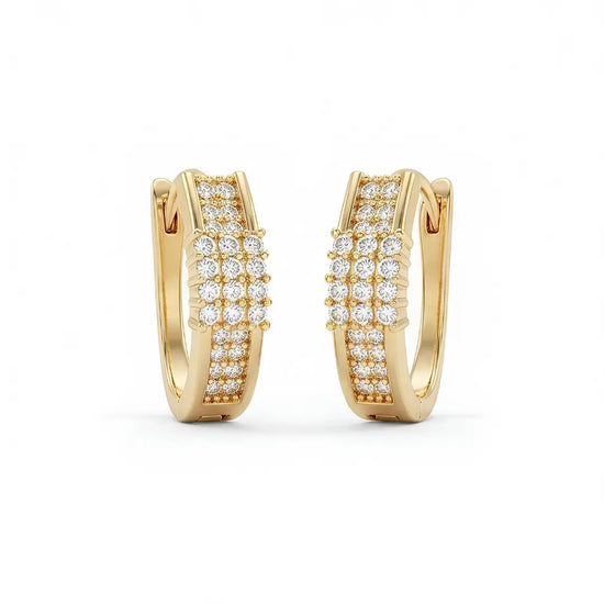 18K Gold Filled Reversible Triple-Row Pavé CZ Huggie Earrings – 18mm 2-in-1 Oval Hoop Earrings for Women