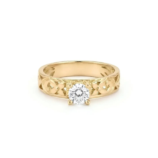 18K Gold Filled Heirloom Filigree Engagement Ring – Hawaiian Scroll CZ Solitaire Ring for Women