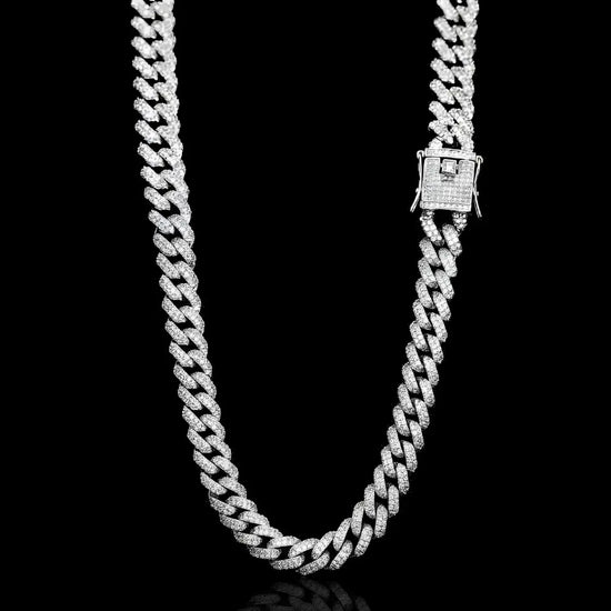 14mm Iced-Out Miami Cuban Link Chain for Men – 48cm Silver Pave Diamond Hip Hop Necklace with Secure Box Clasp