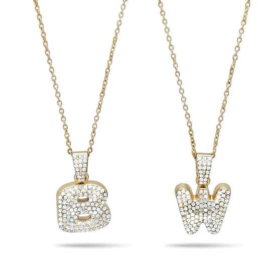 Iced Out Bubble Letter "B" and "W" Initial Pendant Necklaces - 54cm