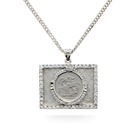 Silver Rhodium Plated Square Sovereign Pendant Necklace – 1911 St. George Coin with CZ Frame