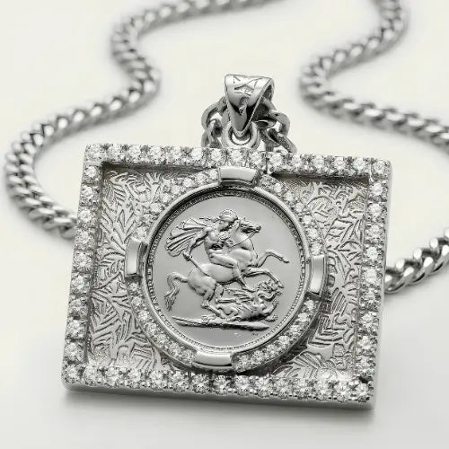 Silver Rhodium Plated Square Sovereign Pendant Necklace – St. George Coin with CZ Frame