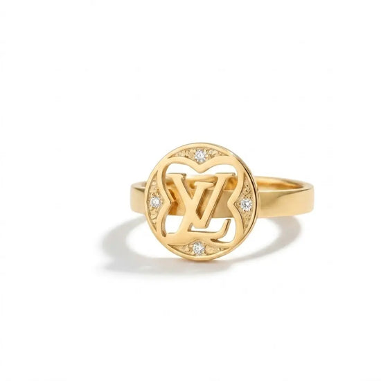 18K Gold Filled Luxury Monogram Cutout Ring – Crystal Accent Statement Band for Women