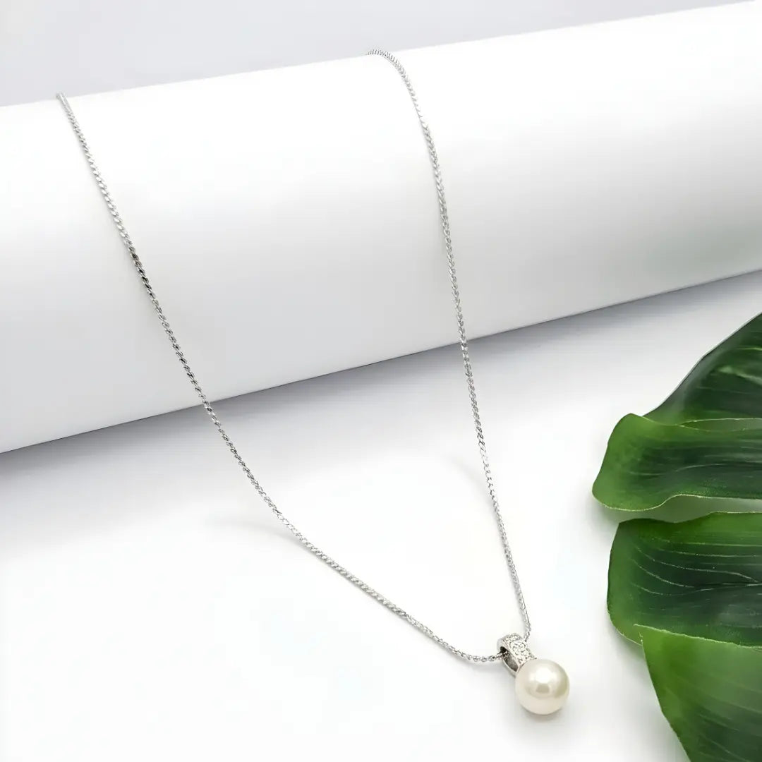 Silver White Pearl Pendant Necklace with Diamonds – Luminous Pearl Solitaire Drop Necklace