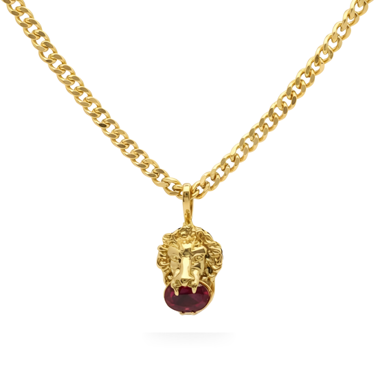 18K Gold Filled Lion Head Ruby Gemstone Pendant Necklace – Sculpted 3D Lion Holding Oval Ruby CZ Curb Chain Necklace for Men & Women