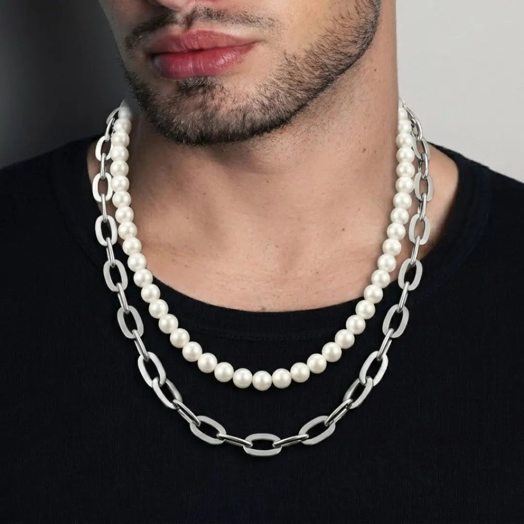 Silver Large Oval Link & Pearl Duo Layered Necklace Set – Chunky Paperclip Chain & Pearl Necklace Set for Men & Women