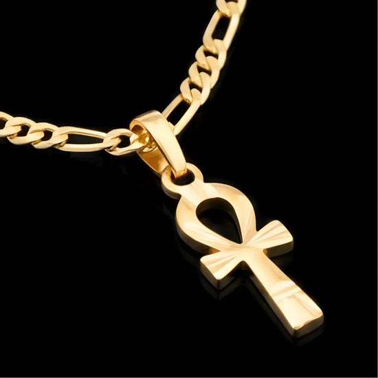 18K Gold Filled Egyptian Ankh Key of Life Pendant Necklace – Diamond-Cut Figaro Chain Necklace for Men & Women