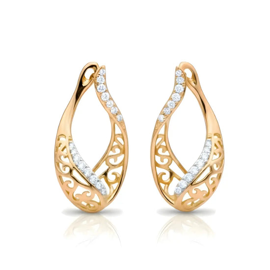 18K Gold Filled Filigree Teardrop Huggie Earrings – Intricate Cutout Cubic Zirconia Accent Hoops