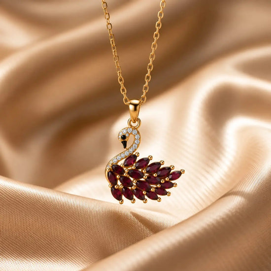 Luxury Gold-Plated Ruby and Diamond Swan Pendant Necklace | Elegant Animal Design Jewelry