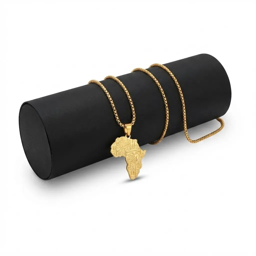 18K Gold Filled Africa Continent Pendant Necklace – 58cm Box Chain Engraved Statement Jewelry