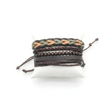 Men’s Multi-Strand Braided PU Leather & Wooden Bead Bracelet Set – Stackable Rustic Cord Bracelet