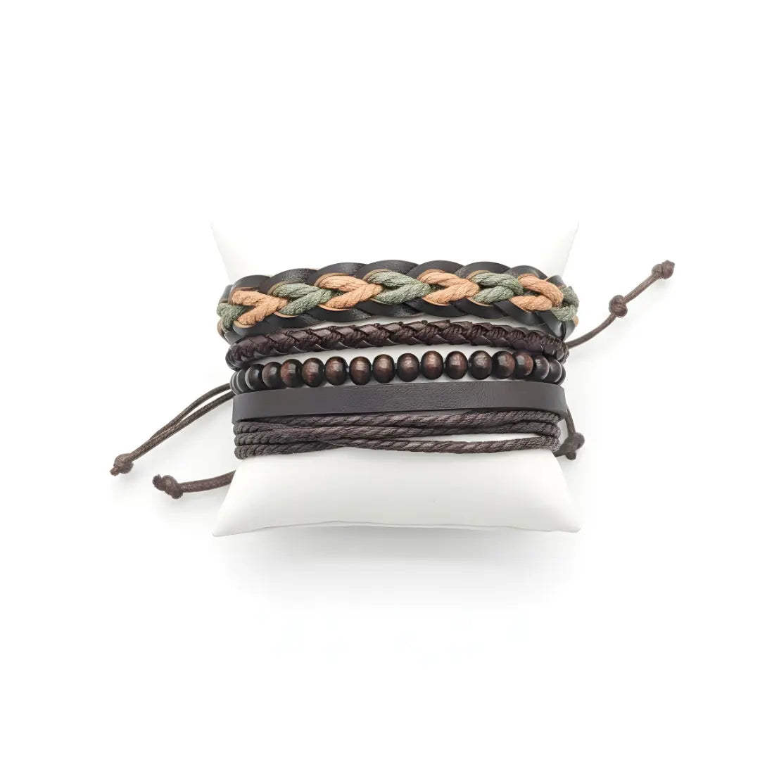 Men’s Multi-Strand Braided PU Leather & Wooden Bead Bracelet Set – Stackable Rustic Cord Bracelet