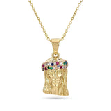 18K Gold Filled Jesus Piece Pendant Necklace – 35mm x 18mm Multicolor Cubic Zirconia Crown with 60cm x 2mm Chain for Men & Women