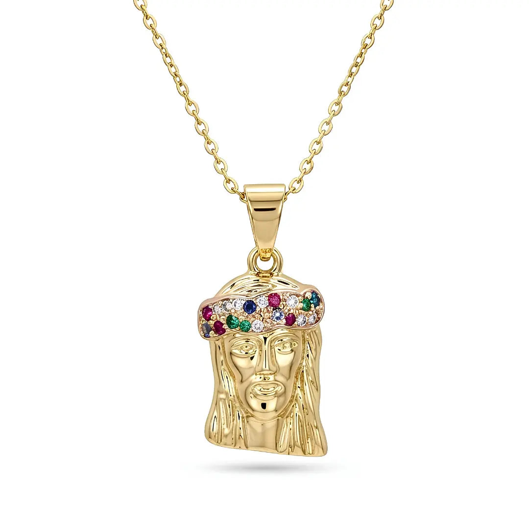 18K Gold Filled Jesus Piece Pendant Necklace – 35mm x 18mm Multicolor Cubic Zirconia Crown with 60cm x 2mm Chain for Men & Women