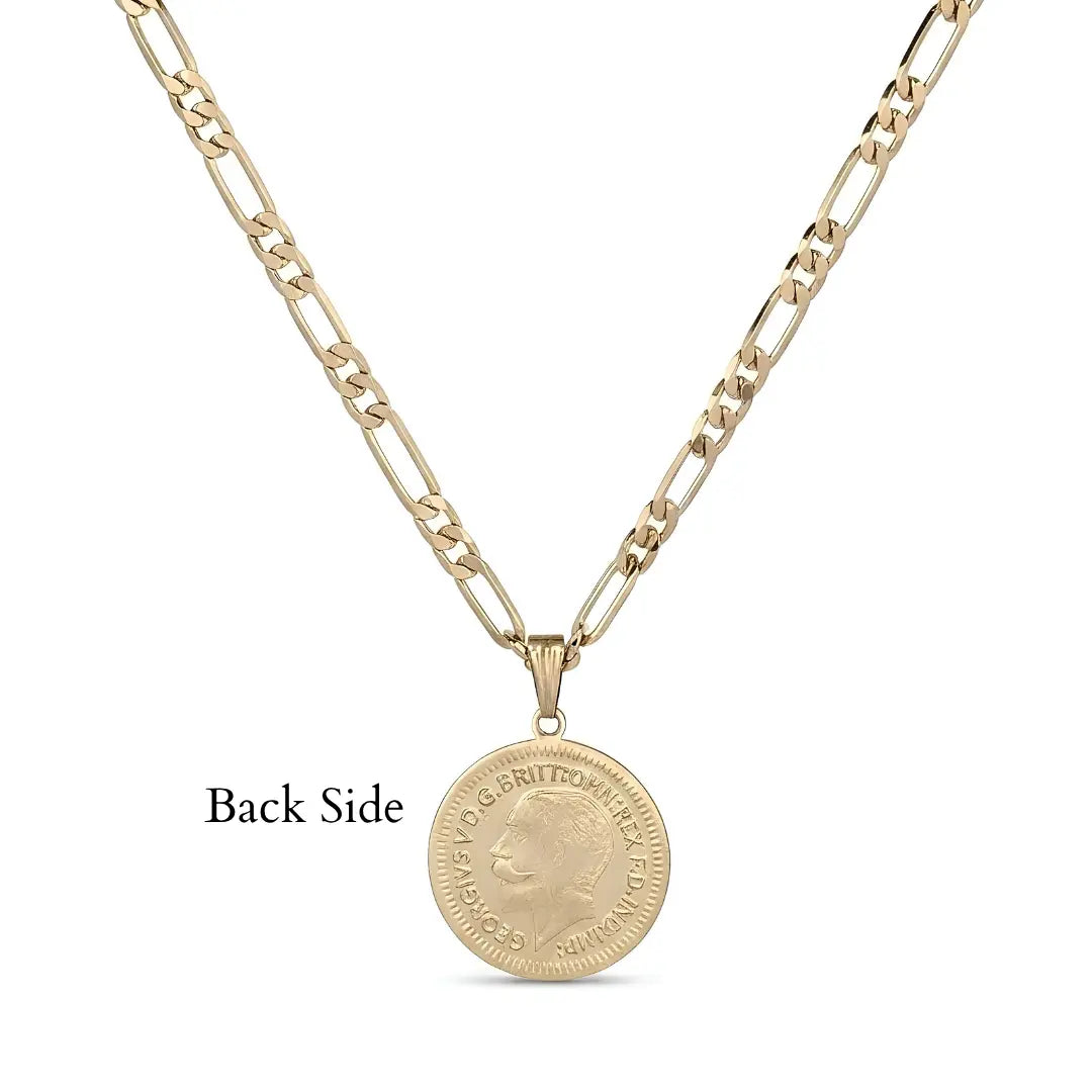 18K Gold Filled 1918 Sovereign Coin Pendant Necklace – 24mm x 24mm Medallion with 60cm 4mm Figaro Chain for Men & Women