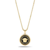14K Gold Tone Greek Key Medallion Pendant Necklace – 28mm x 28mm Contrasting Round Pendant with 66cm x 3mm Chain for Men