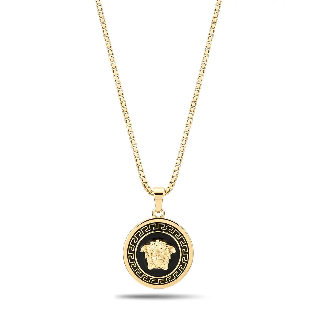 14K Gold Tone Greek Key Medallion Pendant Necklace – 28mm x 28mm Contrasting Round Pendant with 66cm x 3mm Chain for Men
