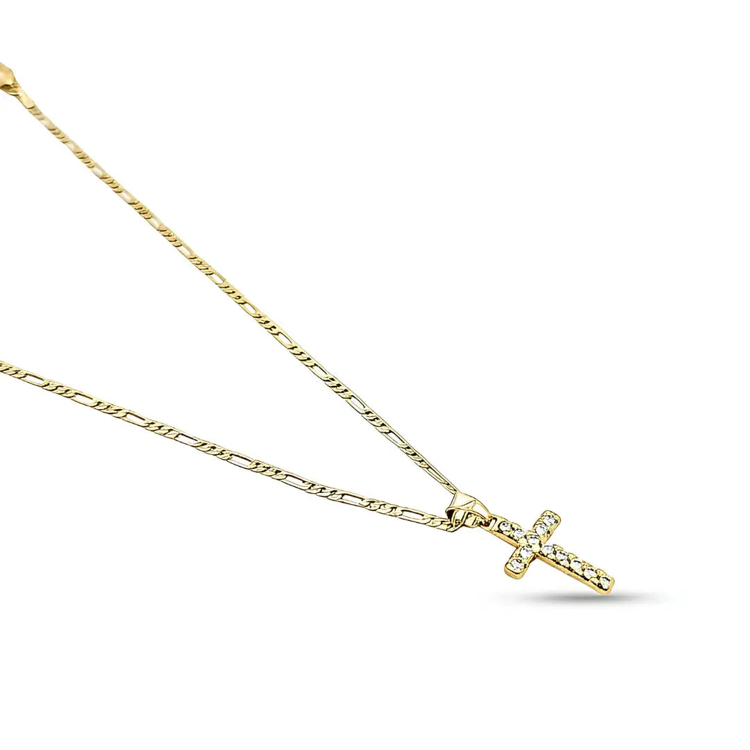 14K Gold Filled Pavé Cross Pendant Necklace – 18mm x 12mm Sparkling Cross with 60cm x 2mm Figaro Chain for Men & Women