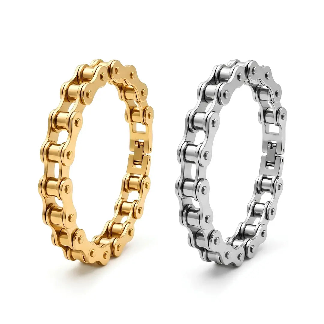 Bicycle Motorcycle Chain Bracelet – 21cm 12mm Industrial Roller Chain Link Bracelet in Gold & Silver for Men