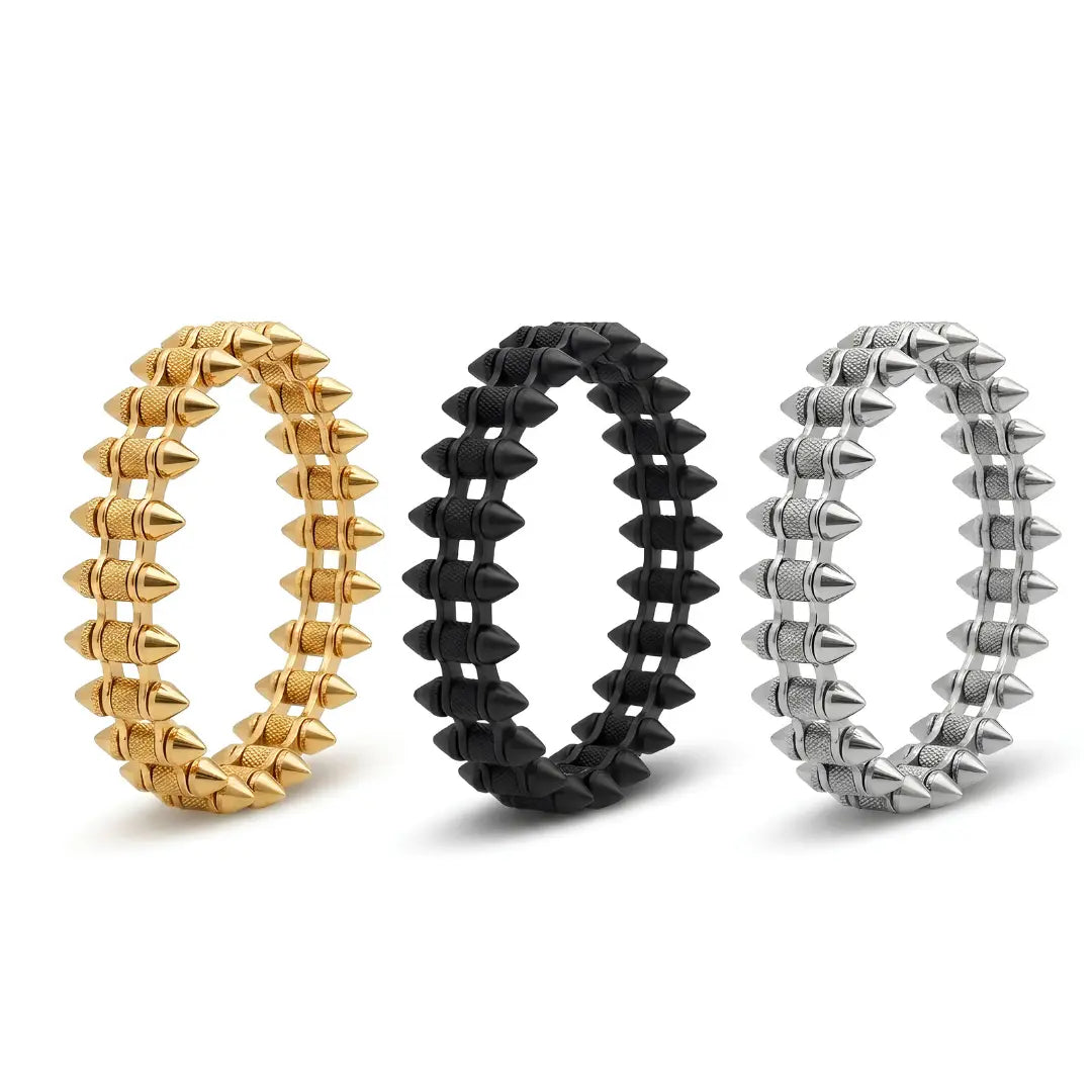 Geometric Spike Mesh Bracelet – 21cm 18mm Dual-Spike Link Punk Statement Cuff in Gold, Black & Silver for Men