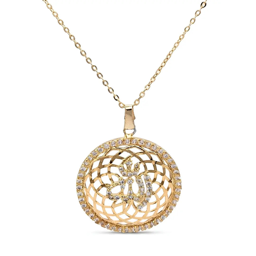 18K Gold Filled Allah Pendant Necklace – 40mm Arabic Calligraphy Geometric Medallion with Pavé Accents & 60cm Delicate Chain for Men & Women