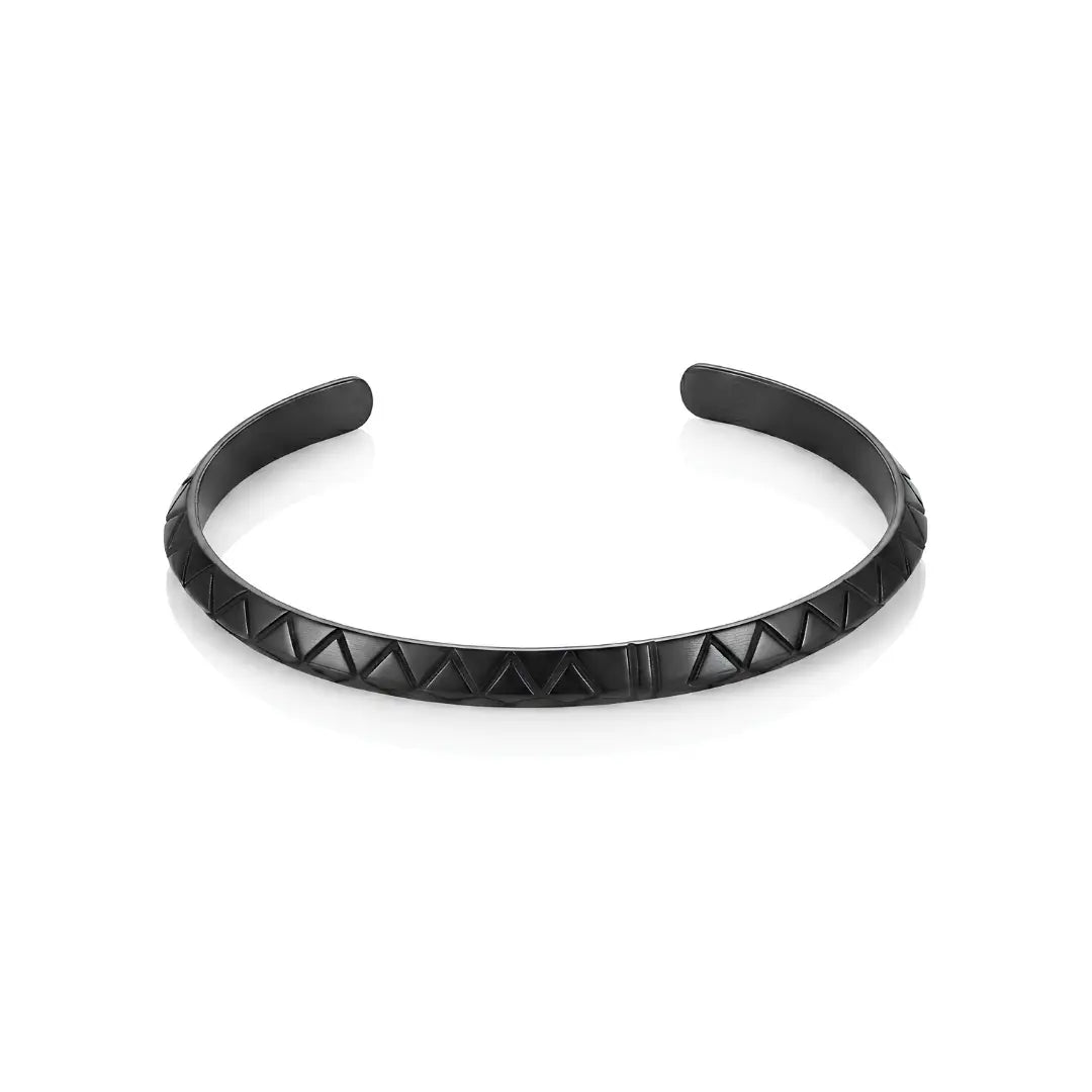 Tarnish-Proof Black Geometric Open Cuff Bracelet – Adjustable Engraved Triangle Pattern Metal Bangle for Men
