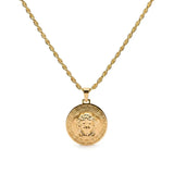 18K Gold Filled Iconic Greek Head Pendant Necklace – 35mm x 35mm Medallion with 60cm x 6mm Heavy Rope Chain for Men