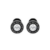 Men’s Stainless Steel Stud Earrings with CZ Center & Engraved Roman Numeral Bezel – Tarnish-Proof Modern Studs