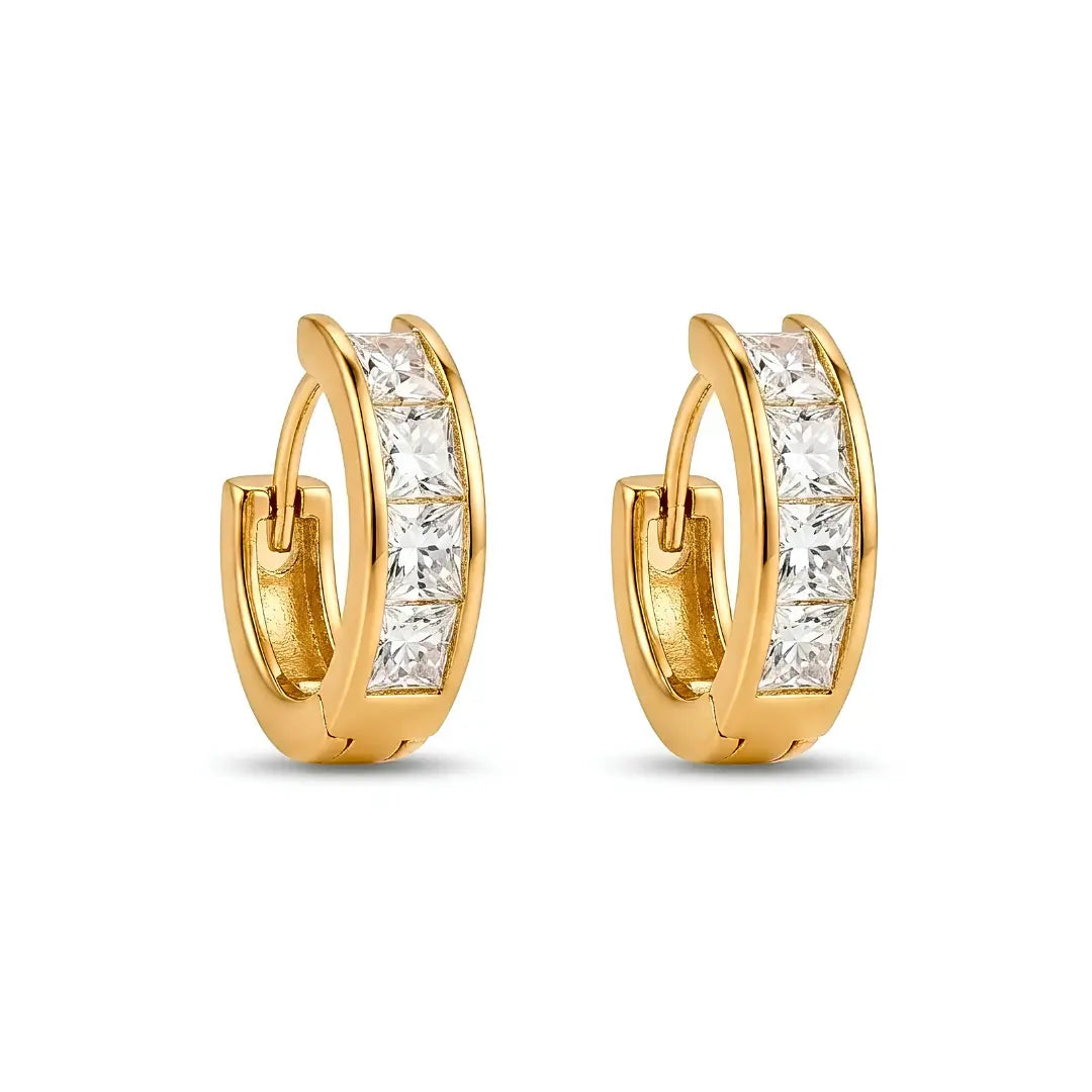 18K Gold Filled Baguette Crystal Huggie Hoop Earrings – 15mm x 15mm Polished Geometric Click-Lock Earrings for Women