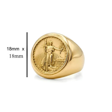 18K Gold Filled Liberty Coin Sovereign Ring – Bold Engraved Statement Signet Ring for Men