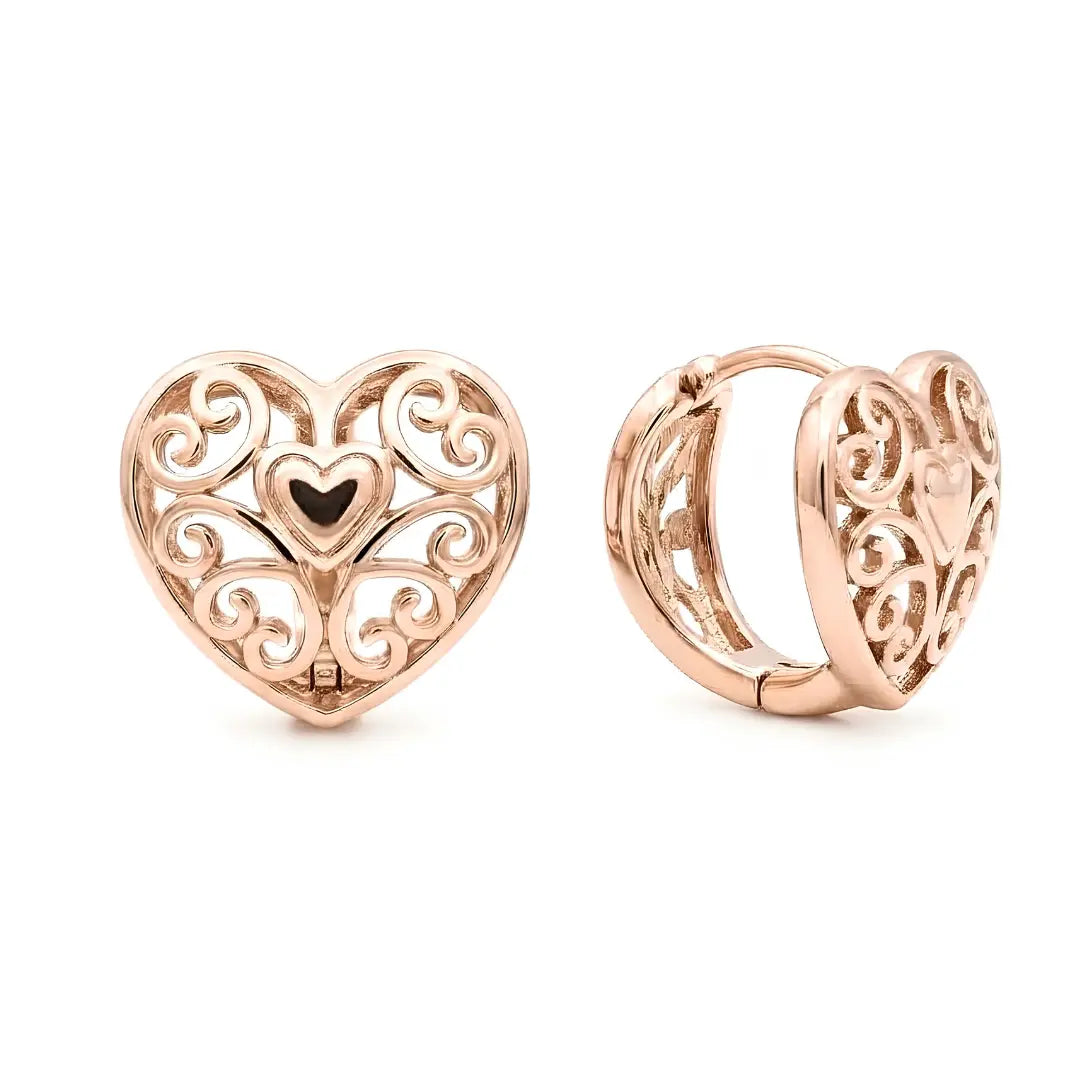18K Gold Filled Rose Gold Heart Huggie Earrings – 12mm Reversible Textured 2-in-1 Dainty Hoop Earrings for Women