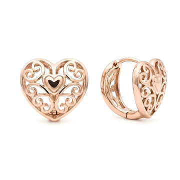 18K Gold Filled Rose Gold Heart Huggie Earrings – 12mm Reversible Textured 2-in-1 Dainty Hoop Earrings for Women