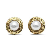 18K Gold Filled Pearl Stud Earrings – Hammered Texture Bezel Pearl Studs