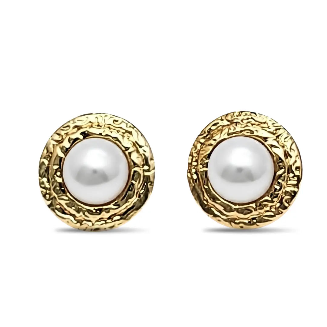 18K Gold Filled Pearl Stud Earrings – Hammered Texture Bezel Pearl Studs