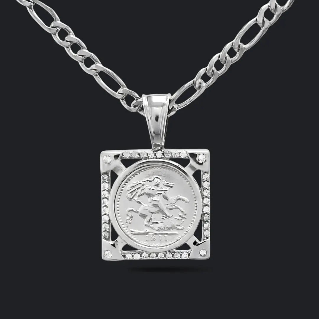 Silver Rhodium Plated Square Sovereign Pendant Necklace – 20mm x 20mm 1911 Medallion with Pavé CZ Frame & 60cm x 6mm Figaro Chain for Men