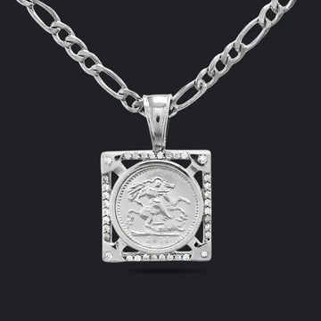 Silver Rhodium Plated Square Sovereign Pendant Necklace – 20mm x 20mm 1911 Medallion with Pavé CZ Frame & 60cm x 6mm Figaro Chain for Men