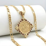 18K Gold Filled Square Sovereign Pendant Necklace with Ruby & Cubic Zirconia Accents – 60cm Figaro Chain Heritage Medallion Necklace for Men