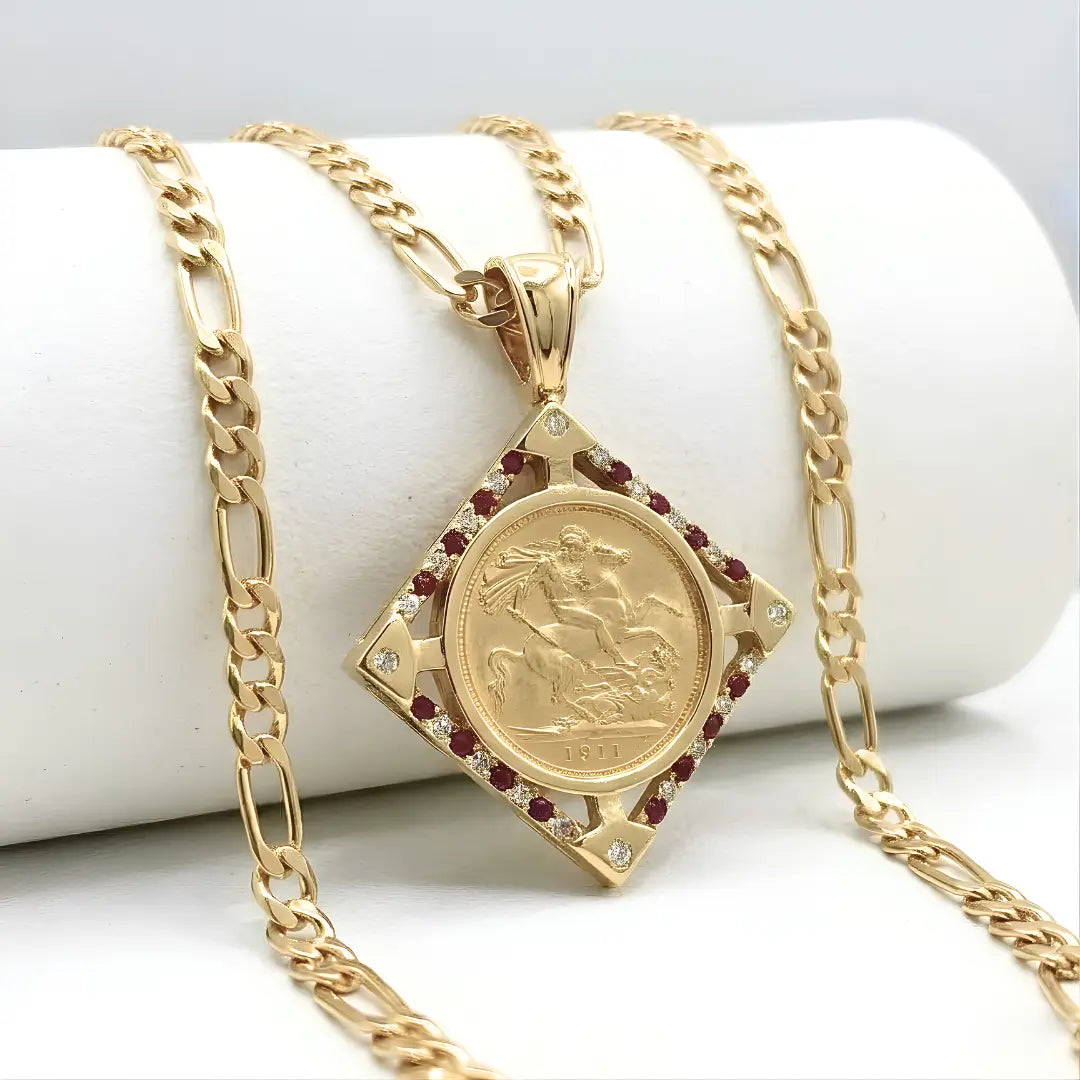 18K Gold Filled Square Sovereign Pendant Necklace with Ruby & Cubic Zirconia Accents – 60cm Figaro Chain Heritage Medallion Necklace for Men