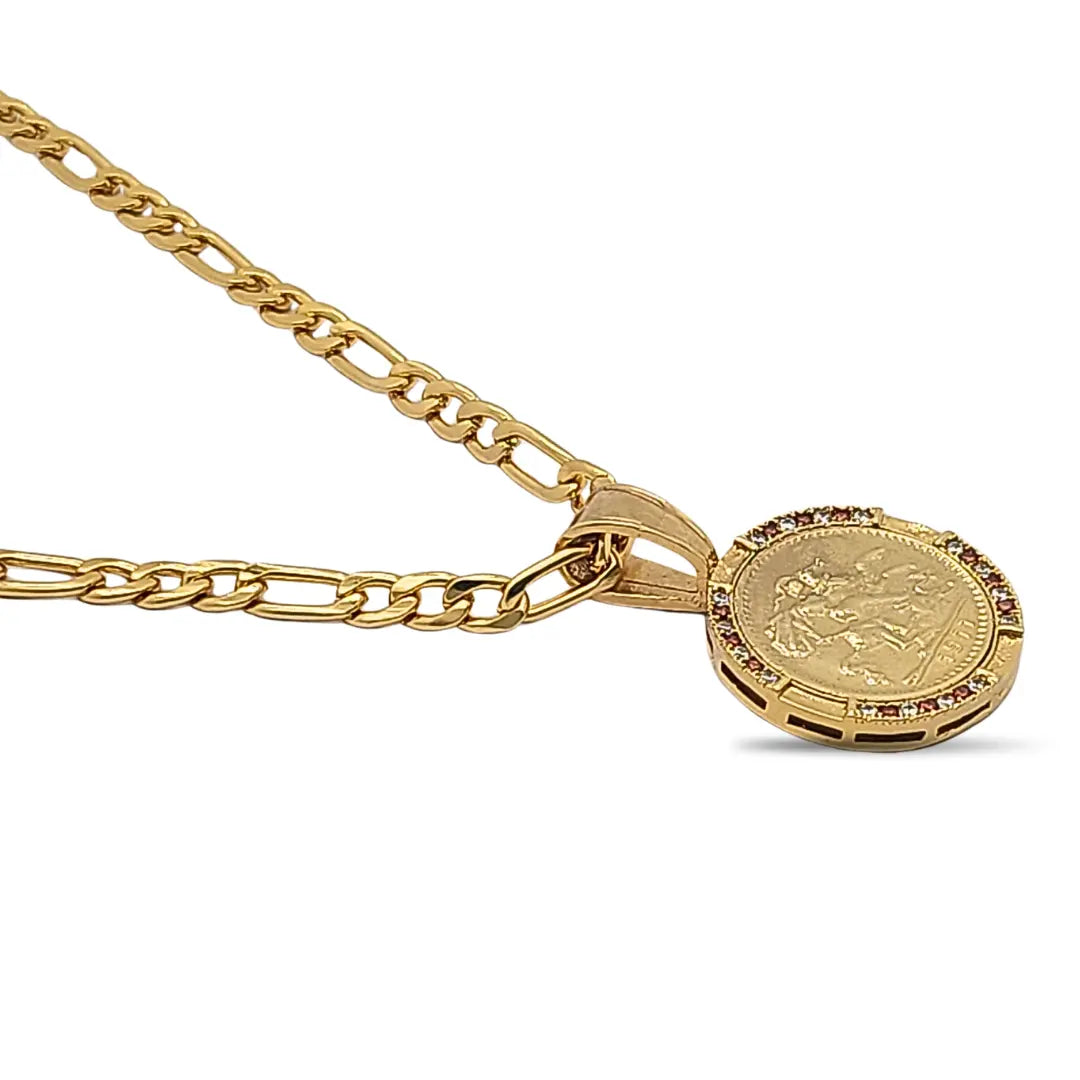 18K Gold Filled 1911 Full Sovereign Pendant Necklace with Ruby & Cubic Zirconia Halo – 24mm Medallion with 60cm Figaro Chain for Men
