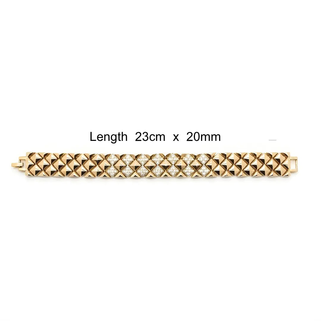 18K  Gold Filled Pyramid Stud Pavé CZ Bracelet – Geometric Clous de Paris Crystal Statement Link Bracelet for Women & Men