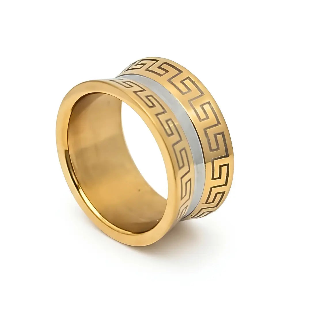 18K Gold Filled Greek Key Ring – 14mm Wide Concave Geometric Meander Statement Band for Men (US Size 11)