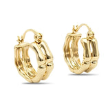 14K Gold Filled Bamboo Huggie Hoops – 18mm x 6mm Segmented Triple-Row Organic Textured Hoop Earrings for Women