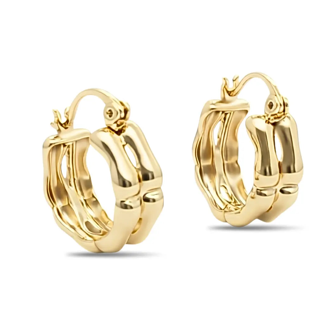 14K Gold Filled Bamboo Huggie Hoops – 18mm x 6mm Segmented Triple-Row Organic Textured Hoop Earrings for Women