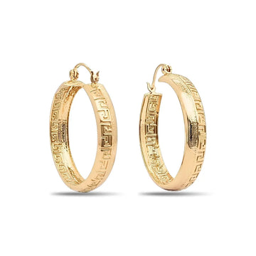 18K Gold Filled Greek Key Hoop Earrings – 30mm x 6mm Continuous Meander Geometric Wide Hoops for Women