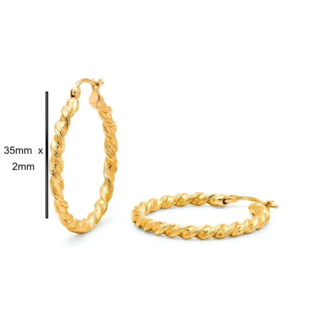 18K Gold Filled Twisted Rope Hoop Earrings – 35mm x 2mm Spiral Bamboo-Textured Oval Hoops with Hinged Snap-Bar Clasp for Women
