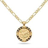 18K Gold Filled 1916 Sovereign Pendant Necklace with Black & White Diamonds – Dual-Tone Pavé Halo Heritage Medallion Necklace for Men