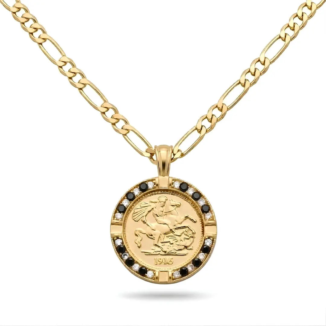18K Gold Filled 1916 Sovereign Pendant Necklace with Black & White Diamonds – Dual-Tone Pavé Halo Heritage Medallion Necklace for Men