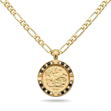 18K Gold Filled 1916 Sovereign Pendant Necklace with Black & White Diamonds – Dual-Tone Pavé Halo Heritage Medallion Necklace for Men