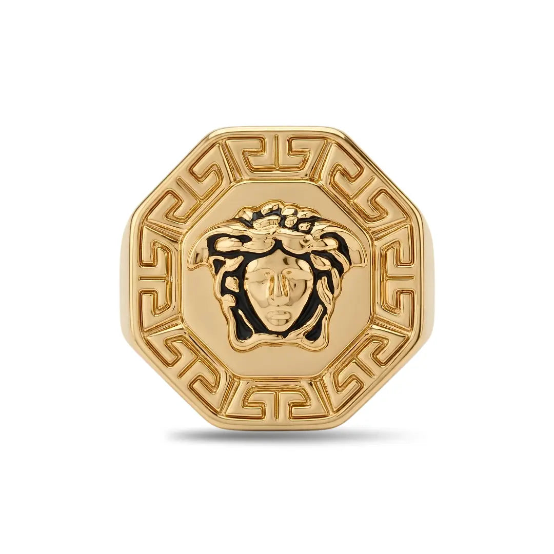 18K Gold Filled Greek Mythology Octagon Signet Ring – High-Relief Mythic Motif with Black Enamel Center & Meander Border