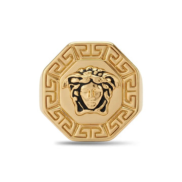 18K Gold Filled Greek Mythology Octagon Signet Ring – High-Relief Mythic Motif with Black Enamel Center & Meander Border